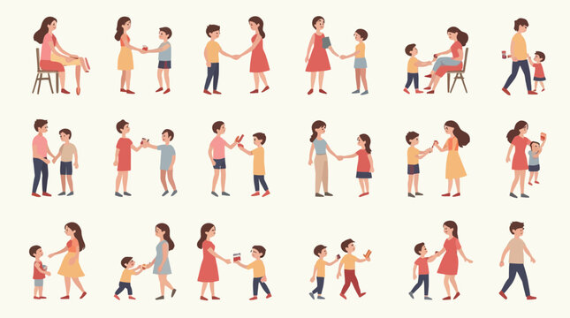 Various illustrations depict adults and children sharing items and engaging in daily interactions.
