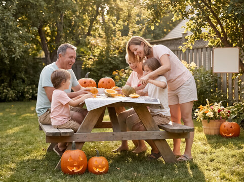 Multi generation family carving pumpkins in backyard