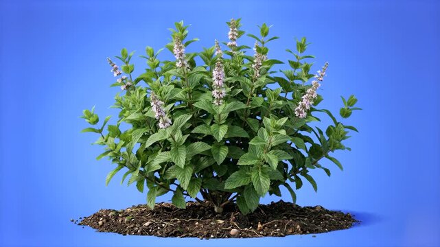 A lush green mint or basil herb bush featuring small light purple flower spikes growing out of natural soil, isolated on a solid blue chroma key backdrop. Perfect for culinary vlogs, traditional medic