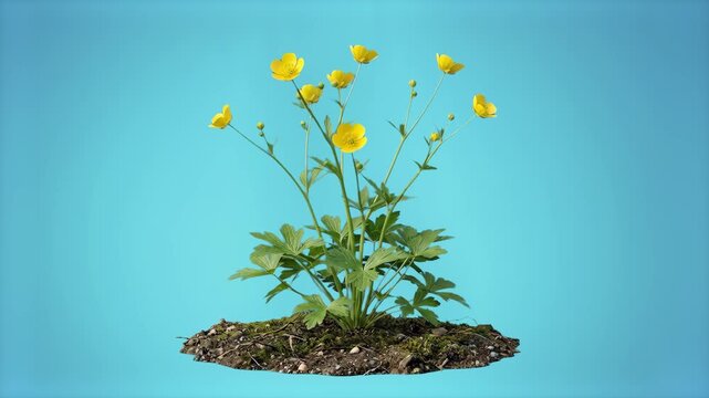 A detailed 3D rendering of a blooming buttercup wildflower growing from a patch of soil, featuring vibrant yellow petals and green foliage, isolated on a light blue background. Ideal for botanical edu