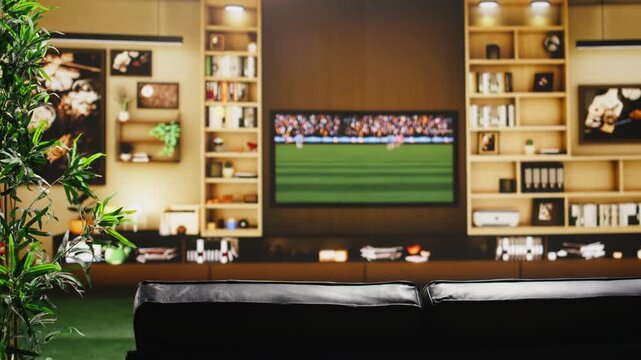 Football match plays on a TV screen in an empty apartment living room with sofa, panning camera move, creating a home entertainment setup for soccer game viewing.