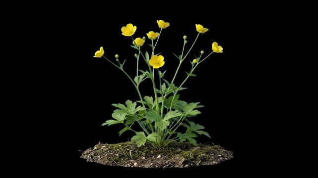 A patch of realistic 3D animated yellow buttercup wildflowers sways gently in the breeze. This botanical asset is isolated on a solid black background.