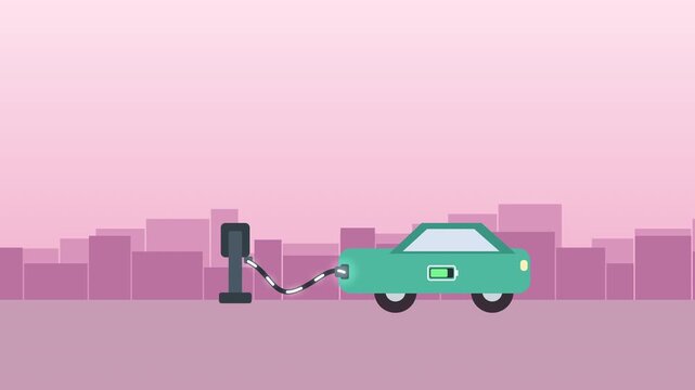 Electric car charging on pink cityscape, hand plugging charger cable into station, sustainable urban transport, clean energy