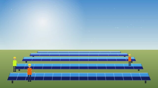 Construction technicians installing solar panels on flat ground, renewable energy setup, clean power generation connection