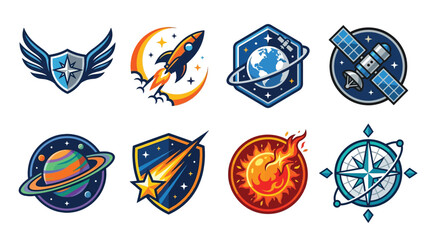 Collection of eight space-themed vector badges and icons, including rockets, planets, and satellites. © Denada