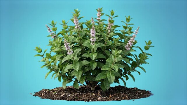 Detailed 3D render of a lush flowering peppermint plant growing in rich soil, isolated on a clean light blue background. Perfect for herbal medicine banners, organic cosmetics packaging design, spring