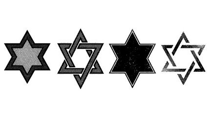Fototapeta premium This image presents an artistic collection of halftone vector Star of David designs, representing Jewish faith, identity, and heritage in a modern artistic style.