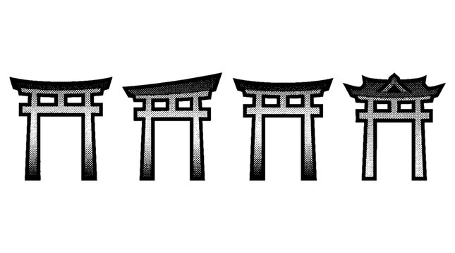 This image showcases four distinct torii gates illustrated in a vector halftone style, symbolizing the transition between the sacred and the profane in Japanese culture.