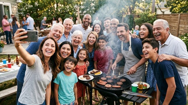 Multi generational family taking a selfie at a backyard barbecue party laughing and enjoying themselves