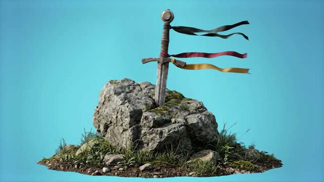 Detailed 3D model of a medieval sword embedded in a mossy rock with decorative ribbons waving, set against a solid light blue background. Perfect for King Arthur legend visuals, fantasy game trailers,