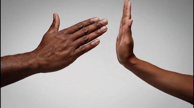 Two dark skinned hands gesturing high five against a neutral grey background.