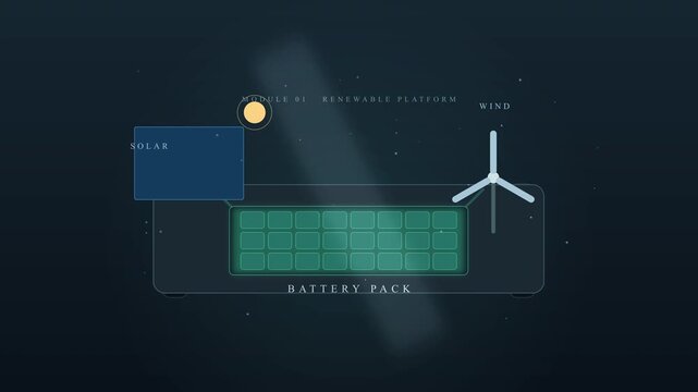 Electric car modular battery pack with glowing cells and wind turbine, renewable energy concept