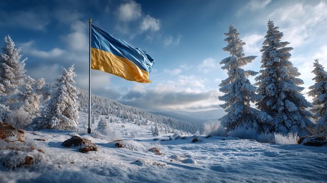 Ukraine flag flying in a snowy winter landscape with snow-covered trees and open countryside, symbolizing national pride, resilience, freedom, and natural beauty.