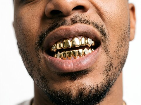 Extreme close-up of man's mouth showing diamond-accented gold teeth grillz with beard stubble