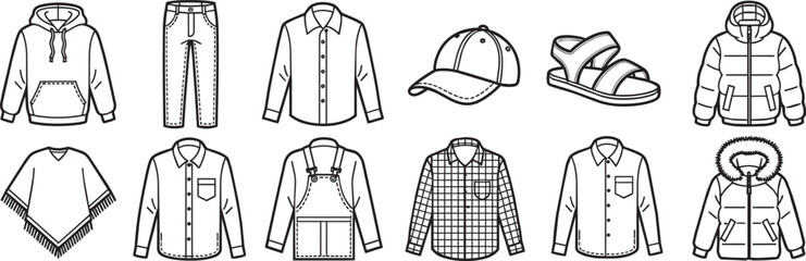 Fashion clothing apparel vector collection featuring hooded sweatshirt jeans button down shirt baseball cap sandals puffer jacket poncho coveralls flannel shirt work wear winter coat gear. © Obiron