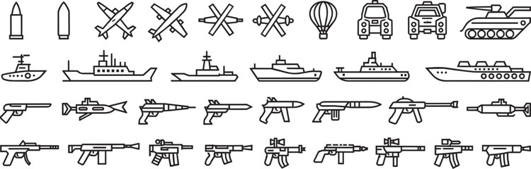 Military equipment vector icon set displaying weapons tanks naval warships aircraft defensive gear tactical hardware for war theme graphics battle strategy simulation design illustration. © Obiron