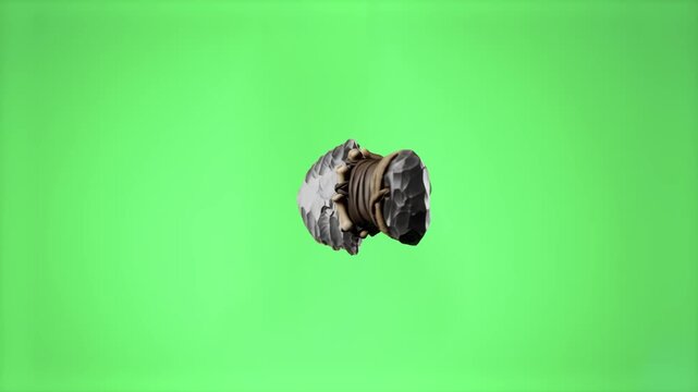 A primitive stone knife model with a sharp flint blade and cordage wrap, isolated on a chroma key green screen background. Perfect for movie VFX compositing, historical reenactment videos, survival ga