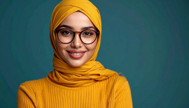 Smiling young woman wearing hijab and glasses. Portrait of a beautiful Muslim female with gentle expression. Lifestyle and art photography.