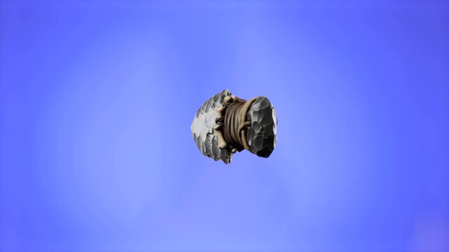 A detailed 3D model of a primitive stone knife with a knapped flint blade and leather-wrapped handle floating against a vivid blue studio backdrop. Ideal for archaeology documentaries, prehistoric sur