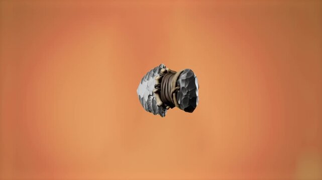 A prehistoric, hand-carved stone knife with a bound leather handle rotates in a 3D animated loop. This primitive weapon and survival tool is set against a warm, solid orange background.