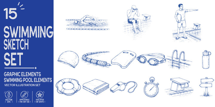 Swimming sketch collection. Hand drawn swimming pool elements. Swimmer, swimming goggles, kickboard, pool equipment, aquatic sport. Trendy vector set