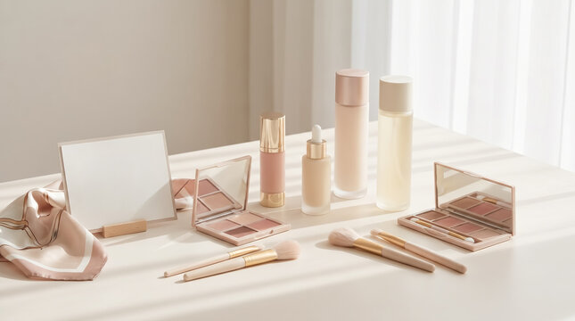 Blank card mockup next to luxury cosmetic makeup products on desk