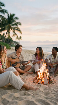 Friends sitting on the sand enjoying a beach campfire with guitar