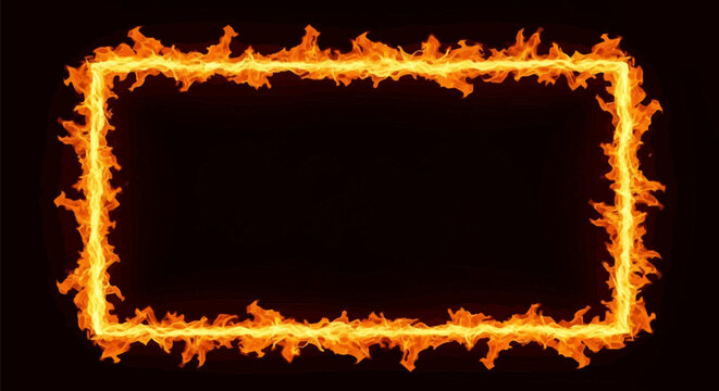 Rectangular fire frame with orange and yellow flames and glowing embers on solid black background, creating decorative border with central copy space for digital design overlays.