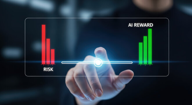 Generative ai investments risk reward balance concept with hand touching digital scale in dark interface