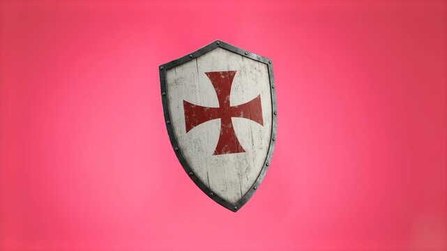 A battle-worn medieval kite shield featuring a red crusader cross rotates in a 3D animated loop. This knight armor asset is set against a solid pink background.
