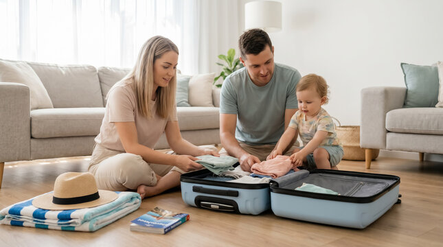 Family packing luggage on the floor for a summer holiday trip