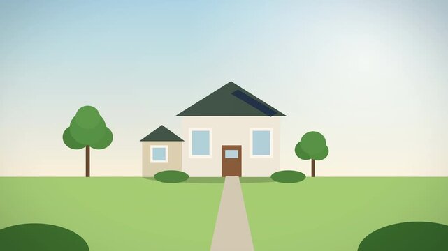 Animated suburban house with trees and lawn, pixel art style, eco friendly residential dwelling animation