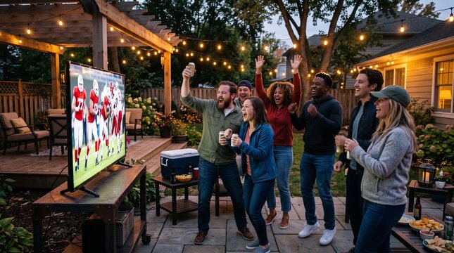 Friends cheer excitedly while watching a football game on a large TV outdoors at night