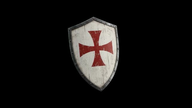 A classic heater shield adorned with a red Templar cross patt&eacute;e and metallic rim, isolated on a stark black background. Great for medieval history presentations, dark fantasy themes, and warrior chara