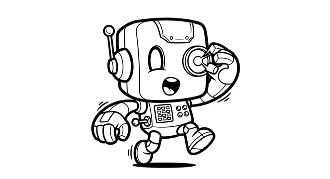 Cute cartoon robot walking with a cheerful expression.