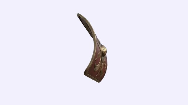 A detailed 3D animated Roman legionary scutum shield rotates slowly in place. This historical defense armor is isolated on a clean white background.