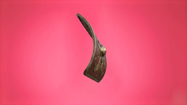 A curved wooden Roman scutum shield with metallic reinforcements and a central boss rotates in a 3D animated loop. This historical armor asset is set against a solid pink background.