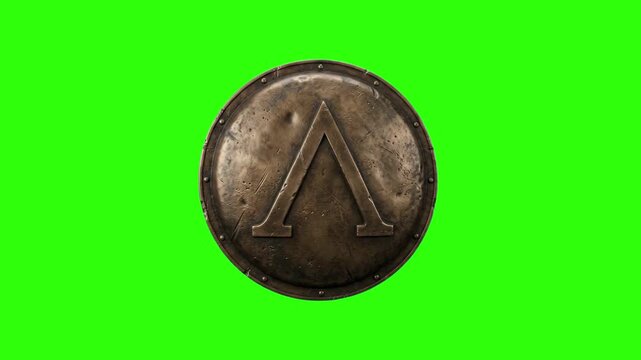 A heavy bronze Spartan round shield with the Greek lambda symbol rotates slowly in a 3D animated loop. This ancient warrior armor is isolated on a chroma key green screen.