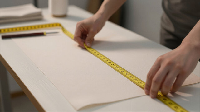 Tailor measuring fabric in small sewing studio