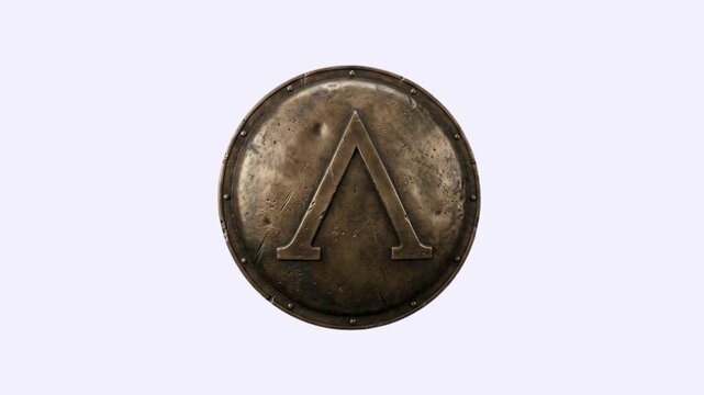 A detailed 3D render of an ancient Greek bronze round shield featuring the Spartan Lambda chevron crest. Perfect for historical documentaries, warrior character design, and video game assets.