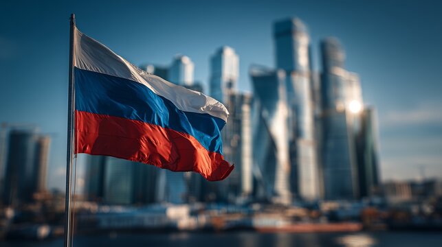 Russian flag displayed in front of a modern city skyline with contemporary architecture, representing business, economic development, national identity, and urban progress.
