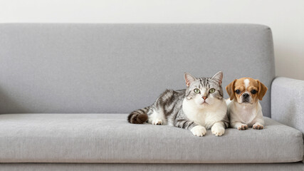 Obraz na płótnie Canvas Cat and dog resting together on sofa at home