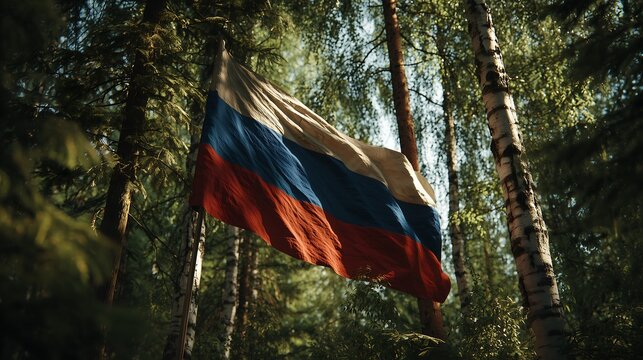 Russian flag waving among tall birch trees in a peaceful forest with natural sunlight filtering through the leaves, symbolizing cultural heritage and national identity.