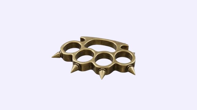 A realistic 3D animated brass knuckle duster featuring prominent spikes rotates slowly in place. This melee weapon is isolated on a clean white background.