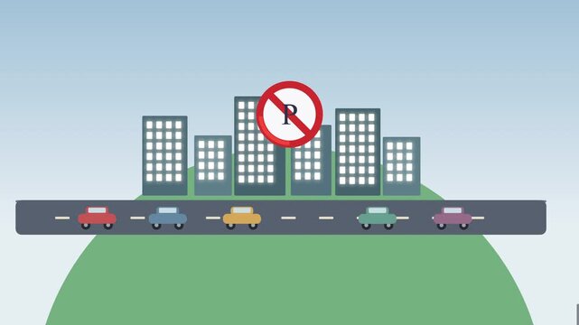Flat vector illustration cars parking city street earth globe island landscape, no parking sign above buildings