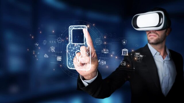 A businessman wearing a virtual reality headset interacts with a digital lock interface, emphasizing the blend of modern technology and security in a dynamic environment. Raster