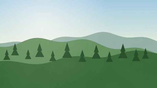 Pixelated green mountain landscape with evergreen trees and hazy sky, serene nature background, forest scene, outdoor environment