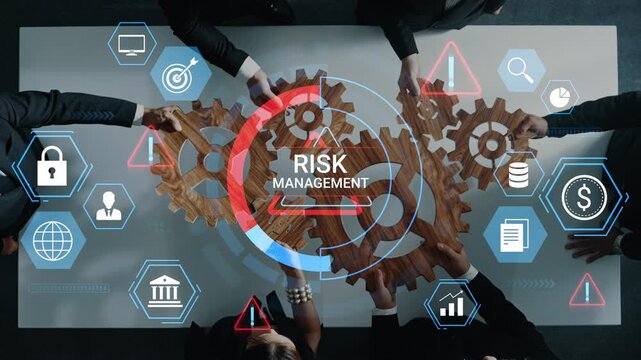 Collaborative Business Strategy and Risk Management with Gears and Technology Icons Overlaid in a Professional Meeting Environment. Entropy.