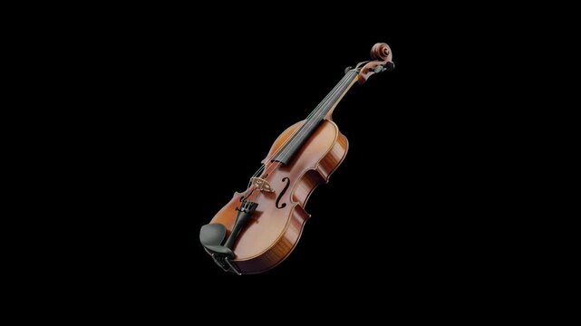 A detailed 3D model of a polished wooden violin floating dynamically at an angle against a solid black studio backdrop. Ideal for classical music concert advertisements, orchestra promotions, music sc
