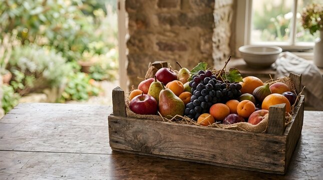 Fresh Organic Fruits in Rustic Wooden Crate on Kitchen Table